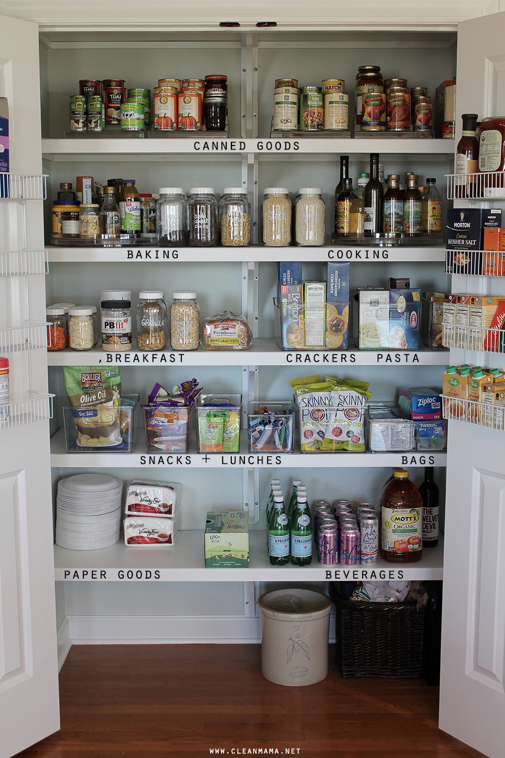 Pantry shelves labeled for canned goods, baking, cooking, breakfast, snacks, and beverages
