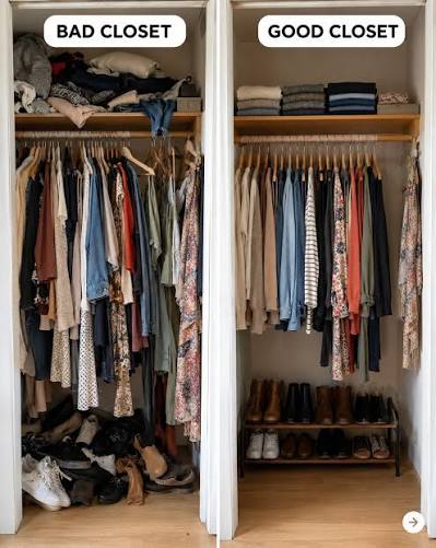 Supplied closet comparison showing crowded shelves and shoes beside sorted clothes and clear floor space